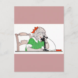 Mädchen am alten Telefon Postkarte