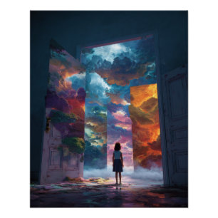Mädchen am Portal zur lebendigen Traumwelt Poster