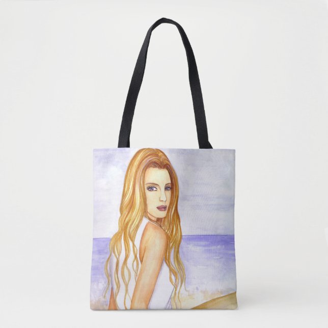 Mädchen am Strand Aquarell Tasche (Vorderseite)