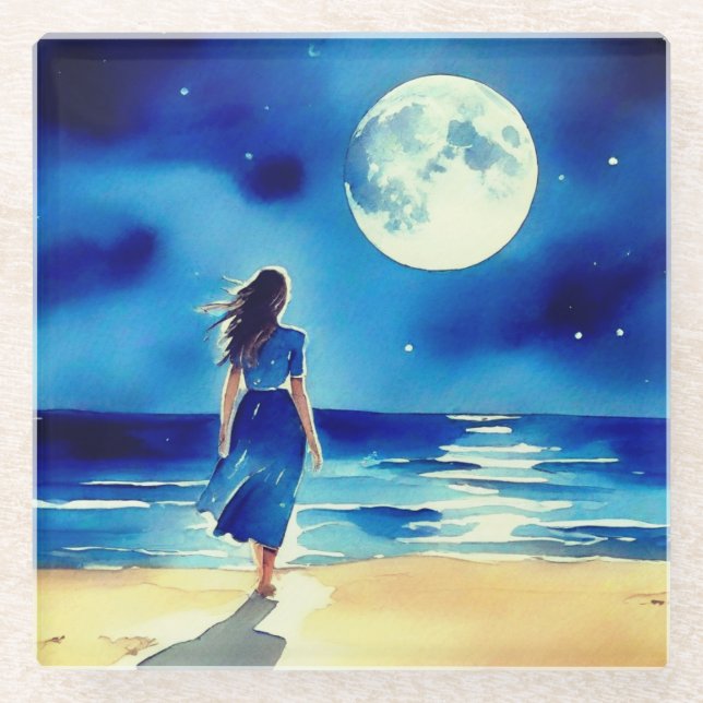 Mädchen am Strand unter einem Vollmond Glasuntersetzer (Vorderseite)