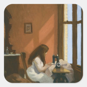 Mädchen an einer Nähmaschine (von Edward Hopper) Quadratischer Aufkleber