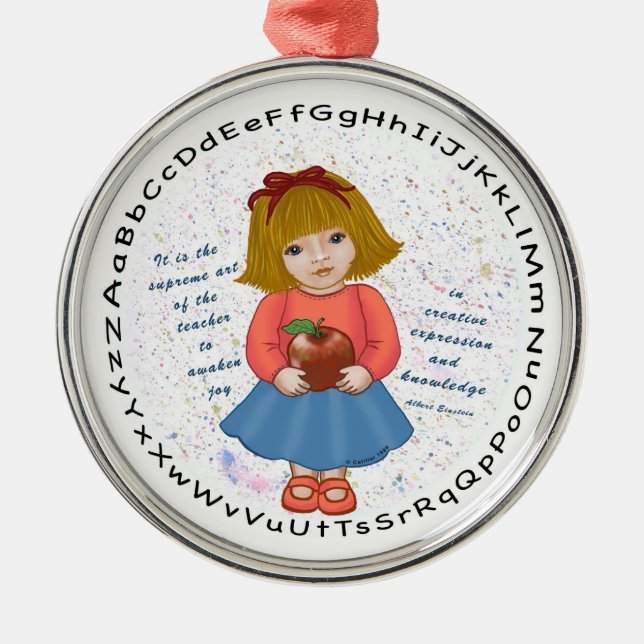 Mädchen Apfel Lehrer Silbernes Ornament (Vorne)