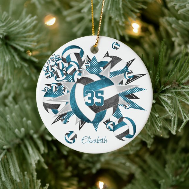 Mädchen aquamarine schwarze Volleyball-Stars halte Keramik Ornament (Baum)