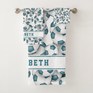 Mädchen aquamarine weiße Fußbälle Muster personali Badhandtuch Set