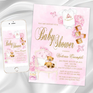 Mädchen Aquarell Rosa Gold Teddybär Baby Shower Einladung