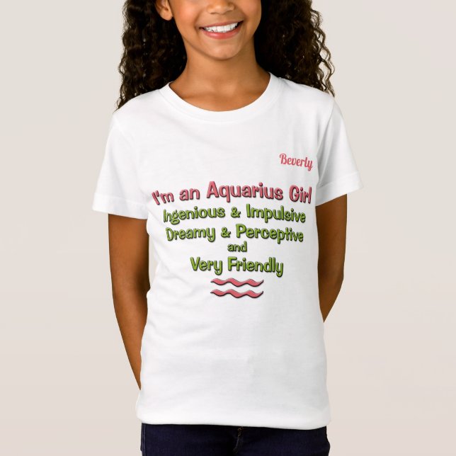 Mädchen Aquarius Zodiac Rosa und Grün mit Namen T-Shirt (Vorderseite)