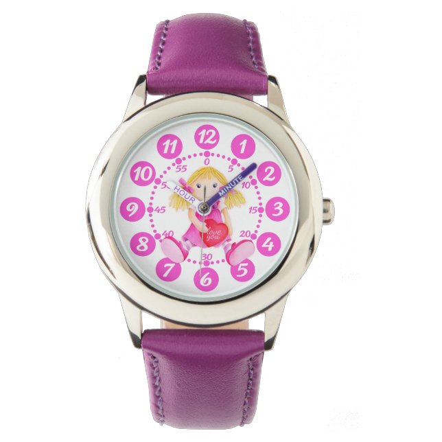 Mädchen - Armbanduhr, rosa, rot und weiß Armbanduhr (Vorderseite)