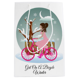 Mädchen auf einem Fahrrad Wintergeschenkbeutel - M Mittlere Geschenktüte