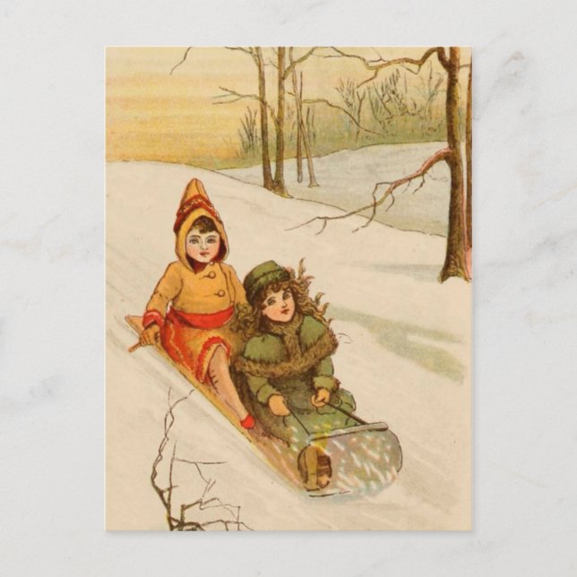 Mädchen auf einem Schlitten im Winterschnee Postkarte (Vorderseite)
