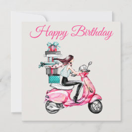Mädchen auf einem Scooter mit Geschenken Karte