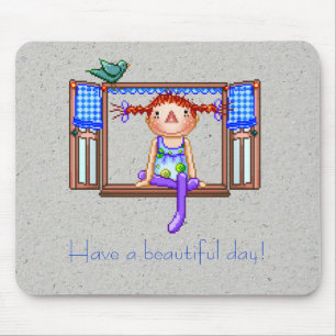 Mädchen auf einer Fenster-Schwellen-Pixel-Kunst Mousepad