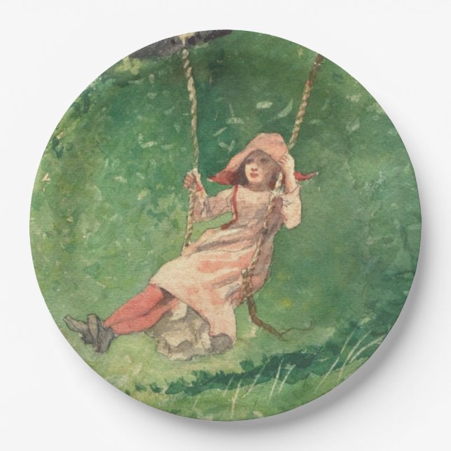 Mädchen auf einer Schaukel (Ländliche Kindheit) (W Pappteller (Vorderseite)