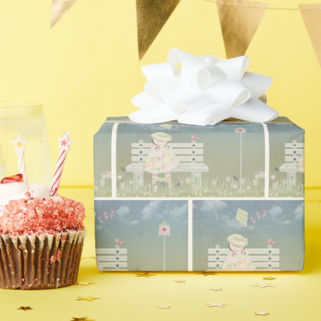 Mädchen auf Parkbank mit Drachen Geschenkpapier (Geburtstagsparty)