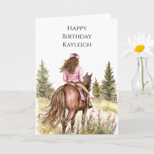 Mädchen auf Pferd Bäume Blumen Geburtstag Karte