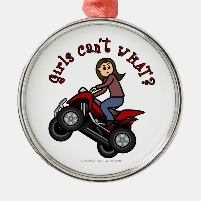 Mädchen auf Red Four Wheeler Silbernes Ornament (Vorne)