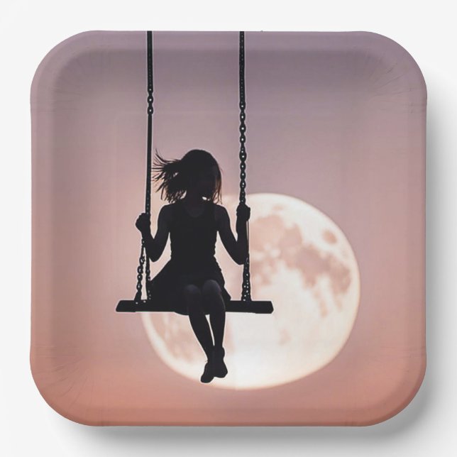 Mädchen auf Schaukel mit Mond Pappteller (Vorderseite)