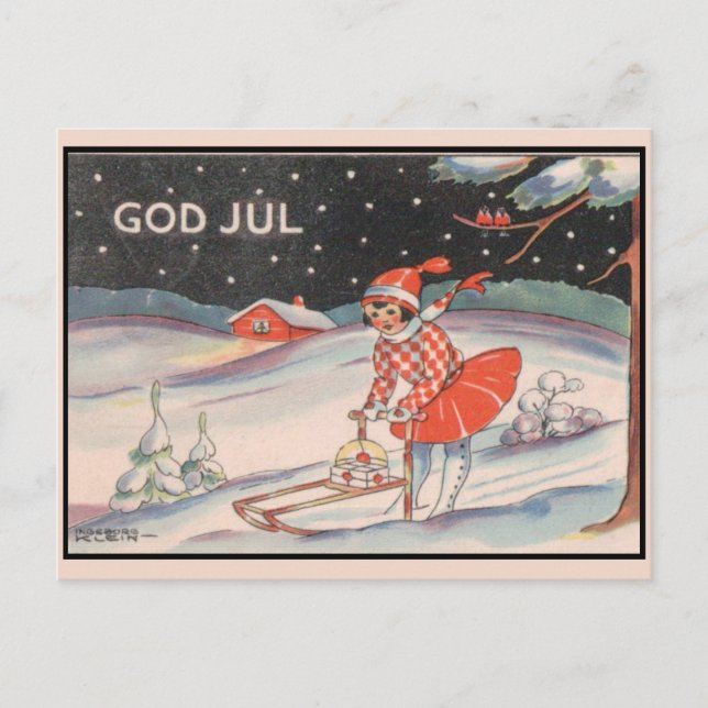 Mädchen auf Schlitten, Schnee - Weihnachten Postkarte (Vorderseite)