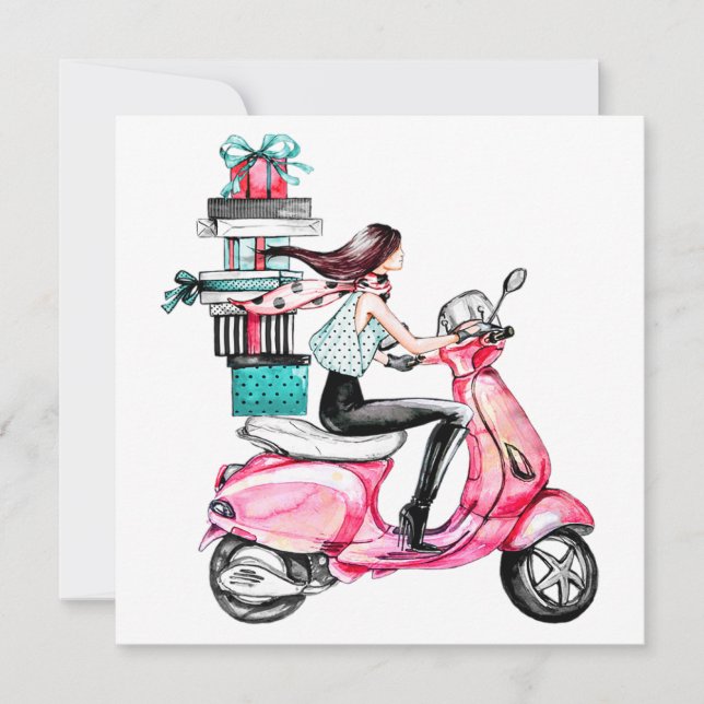 Mädchen auf Scooter, die Präsentationen tragen Karte (Vorderseite)