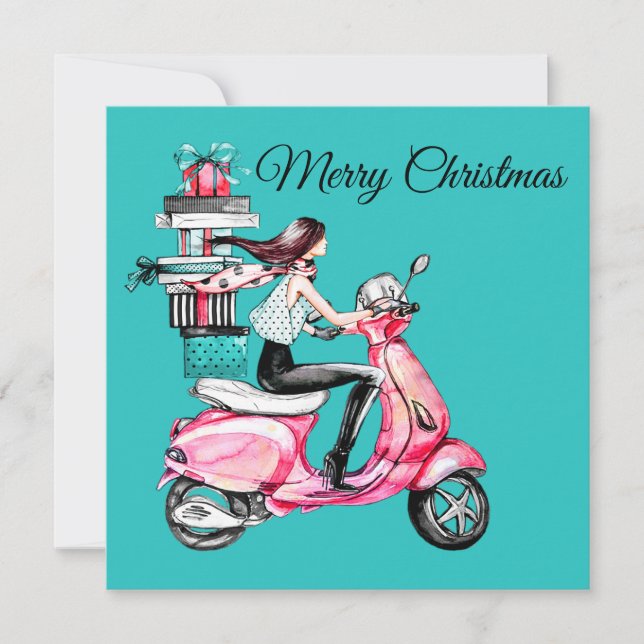 Mädchen auf Scooter, die Präsentationen tragen Karte (Vorderseite)