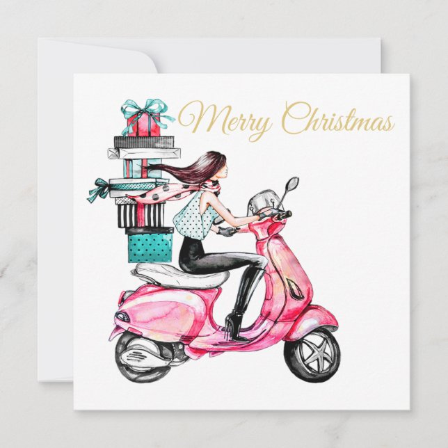 Mädchen auf Scooter mit Vorweihnachtsgeschenk Karte (Vorderseite)