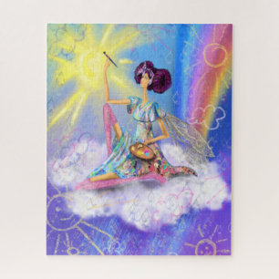 Mädchen auf Wolkenmalerei Sonne und Regenbogen - F