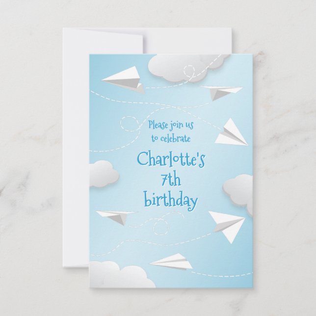 Mädchen aus gefalteten Papierflugzeugen Geburtstag Ankündigung (Vorderseite)