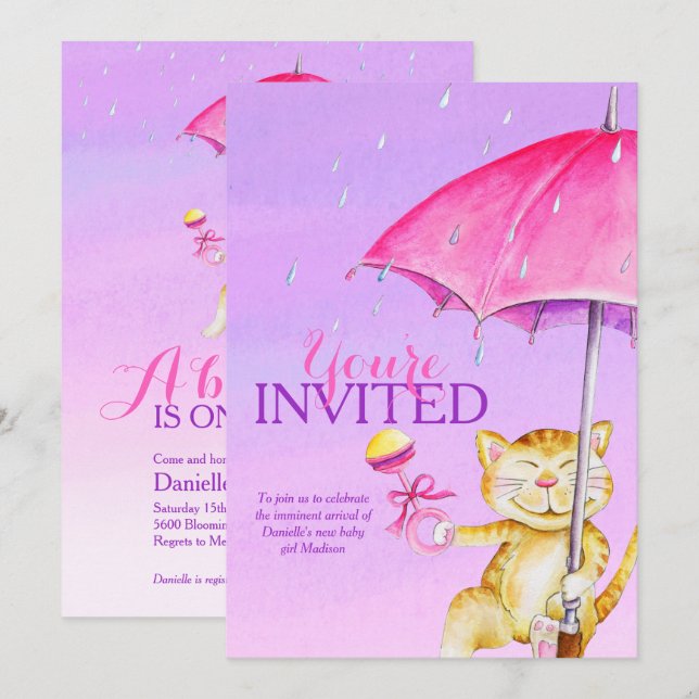 Mädchen Baby Dusche Regenschirm Whimsy Katzeneinla Einladung (Vorne/Hinten)