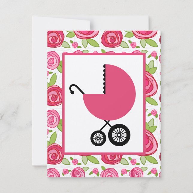 Mädchen-Baby-Dusche - Rosen u. rosa Wagen Einladung (Vorderseite)