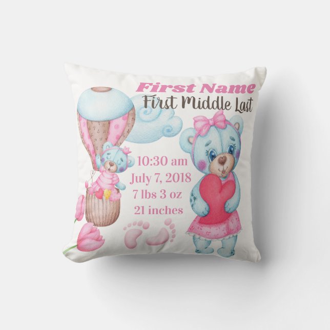 Mädchen-Baby-Geburts-Mitteilungs-Kissen-Teddybär Kissen (Vorderseite)