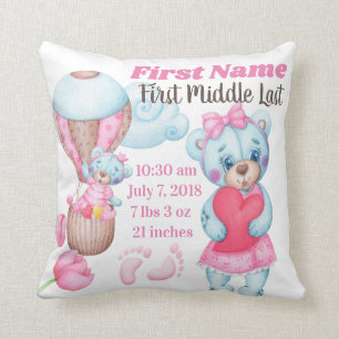 Mädchen-Baby-Geburts-Mitteilungs-Kissen-Teddybär Kissen