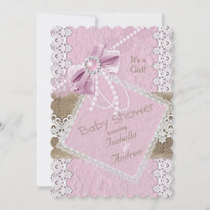 Mädchen Baby Shower Rustikal Rosa Schleife Spitze Einladung