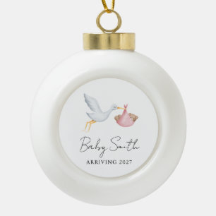 Mädchen Baby Wasserfarbe Storch Ankündigung Jahr Keramik Kugel-Ornament