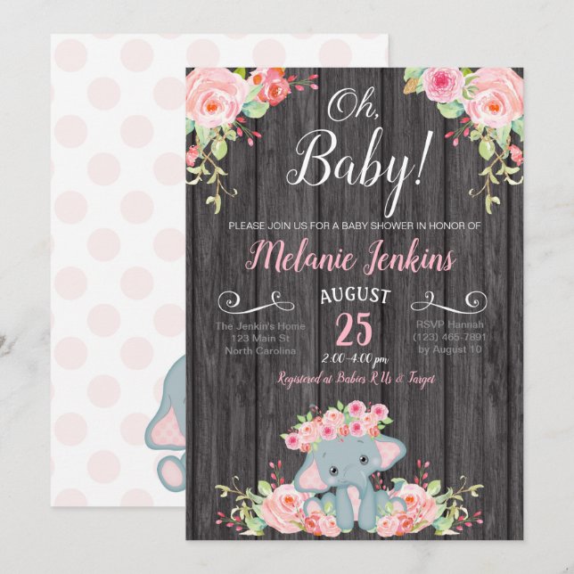 Mädchen-Babyparty-Einladung, Elefant-Babyparty Einladung (Vorne/Hinten)