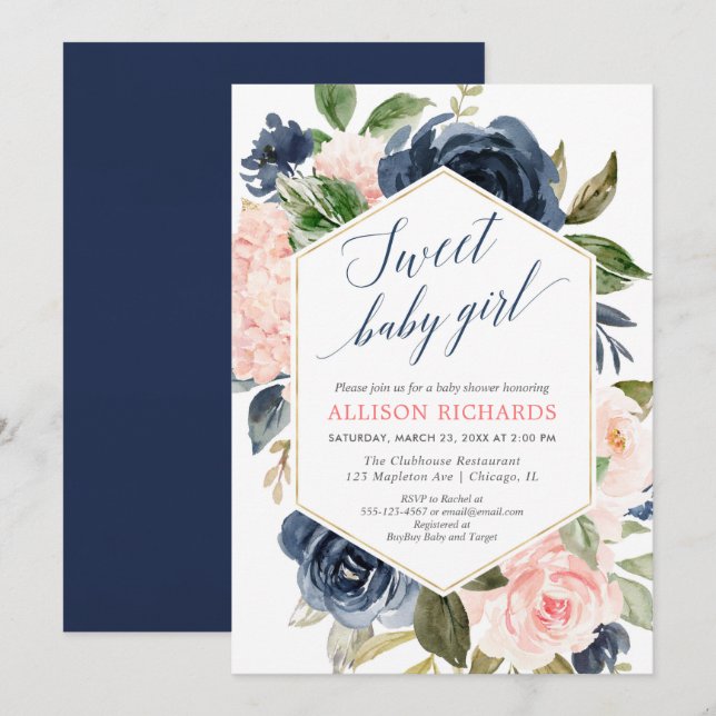 Mädchen-Babyparty erröten das rosa Blumen Einladung (Vorne/Hinten)