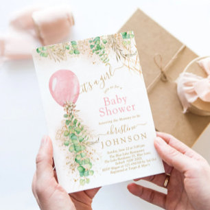 Mädchen Ballon Eukalyptus Gold Glitter Baby Shower Einladung