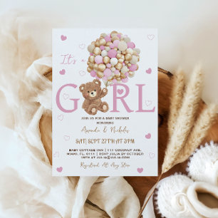 Mädchen Bär Rosa Gold Ballons Baby Shower Einladung