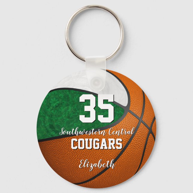 Mädchen Basketball grüne weiße Schule Mannschaft F Schlüsselanhänger (Vorderseite)