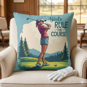 Mädchen beherrschen den Kurs Retro-Golf-Illustrati Kissen