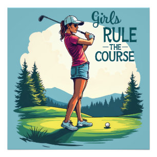 Mädchen beherrschen den Platz Retro-Golf-Illustrat Fotodruck