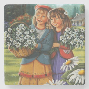 Mädchen beim Blumenpflücken Fine Art Steinuntersetzer