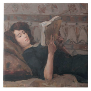 Mädchen beim Lesen eines Buches (Liegend auf einem Fliese