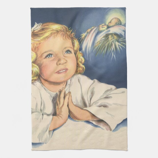 Mädchen beten zu Jesus Christus, Gebete in der Bed Geschirrtuch (Vertikal)