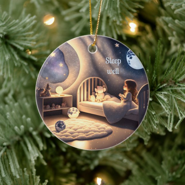 Mädchen betet im Mondlicht und durch Sternenlicht Keramik Ornament (Baum)