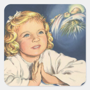 Mädchen betet zu Jesus Christus, Abendgebete Quadratischer Aufkleber