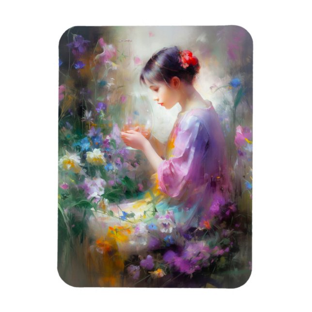 Mädchen bewundert eine Blume in ihren Händen Magnet (Vertikal)