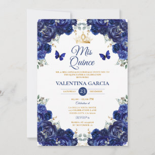 Mädchen Blue Quinceañera 15 Jahre Blumen Goldkrone Einladung
