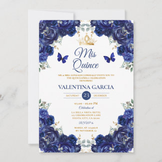 Mädchen Blue Quinceañera 15 Jahre Blumen Goldkrone Einladung