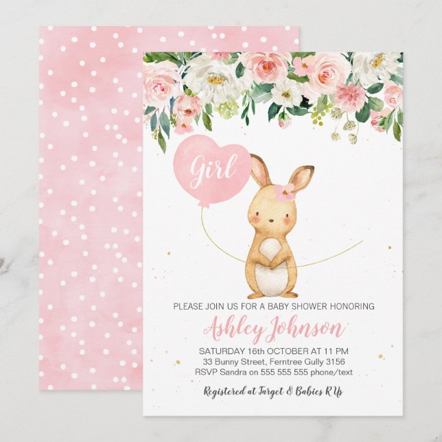 Mädchen-Blumenhäschen-Babypartyeinladung Einladung (Vorne/Hinten)