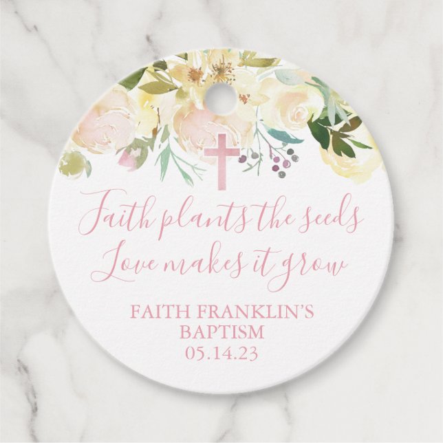 Mädchen Blush Floral Glaube Pflanze die Samen Tauf Geschenkanhänger (Vorderseite)