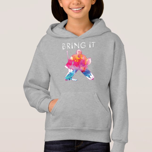Mädchen bringen Hockey Goalie Wasserfarbe Dunkel Hoodie (Vorderseite)